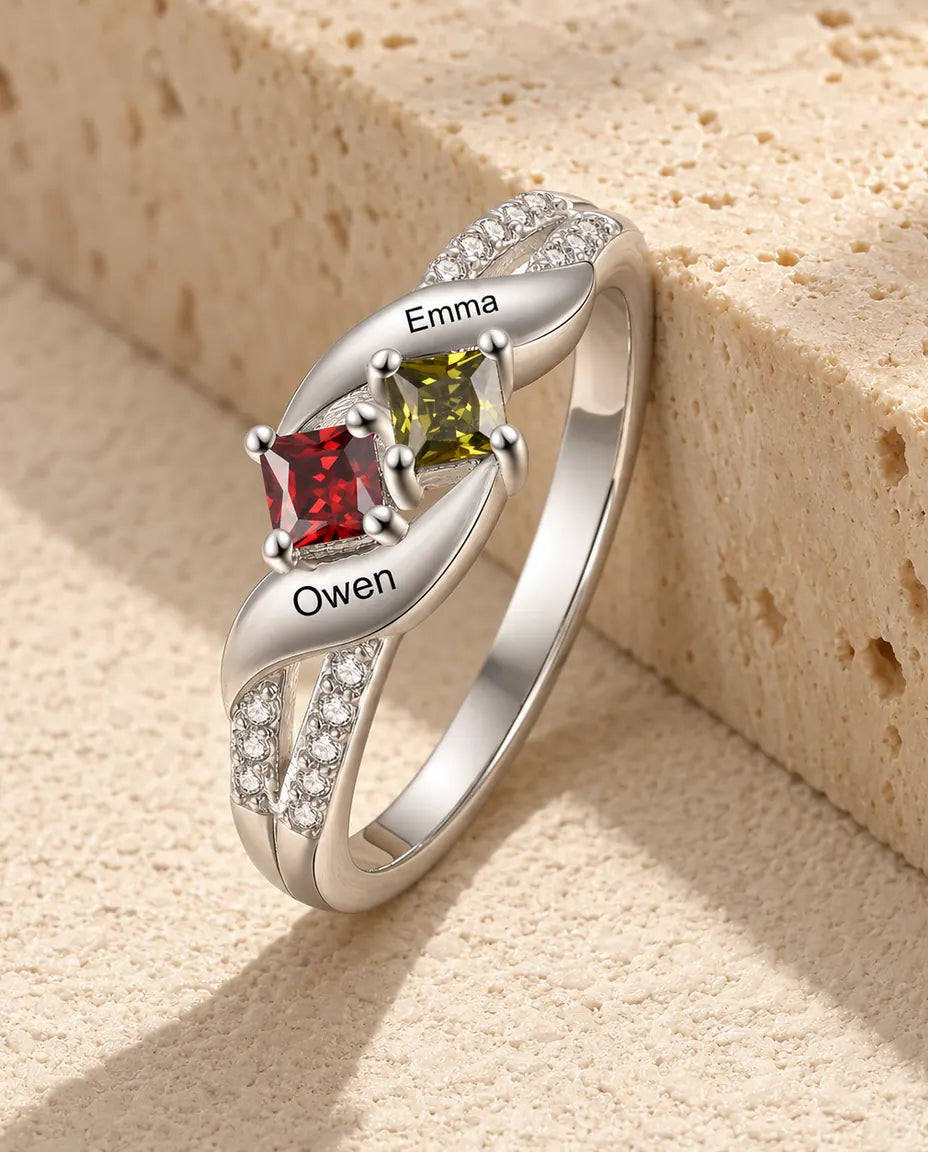 Bague personnalisée 2 prénoms et 2 pierres de naissance - Argent 925 pour couple ou maman avec gravure