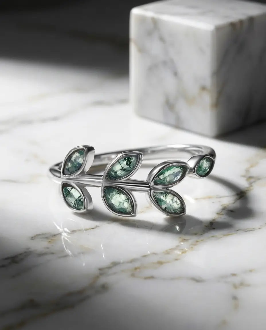 Bague Agate Mousse – Branche d'Olivier en Argent 925 Plaqué Or Blanc, Anneau Ouvert Ajustable, Cadeau pour Elle