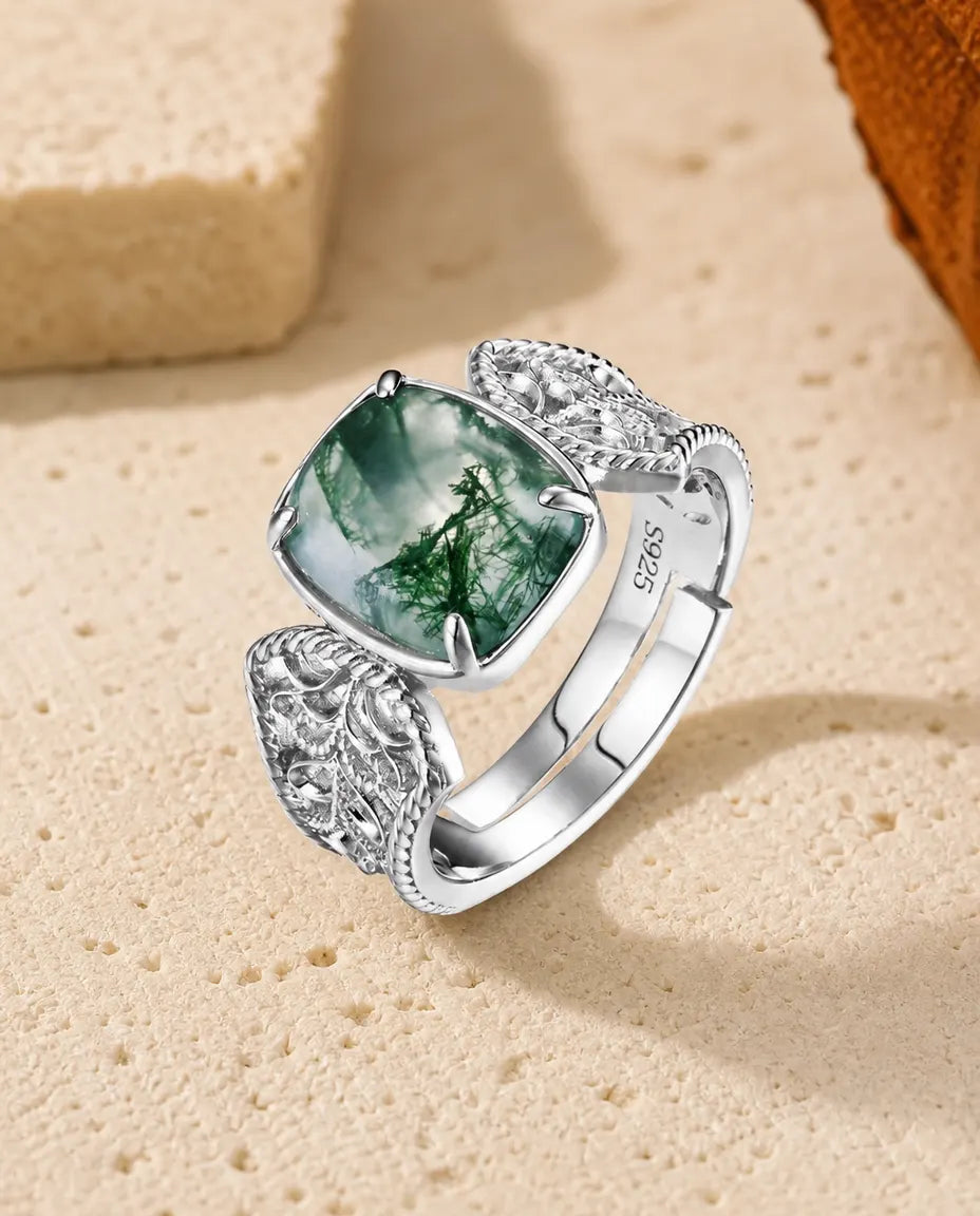 Bague Agate Mousse – Grand Cabochon Coussin et Anneau Filigrane Sculpté, Argent 925, Bague Cocktail Ajustable pour Elle