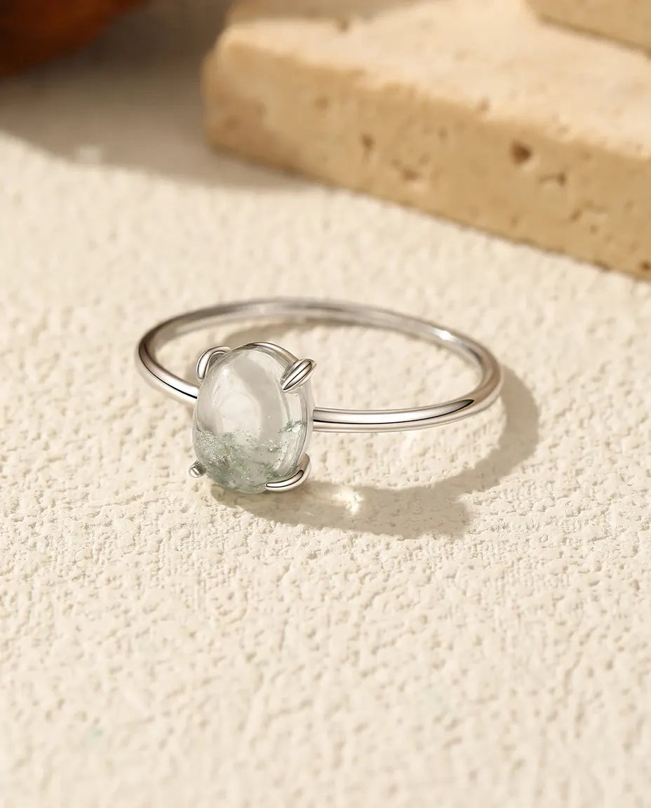 Bague Agate Mousse – Solitaire cabochon ovale, pierre verte naturelle, anneau fin empilable en argent 925, cadeau pour Elle