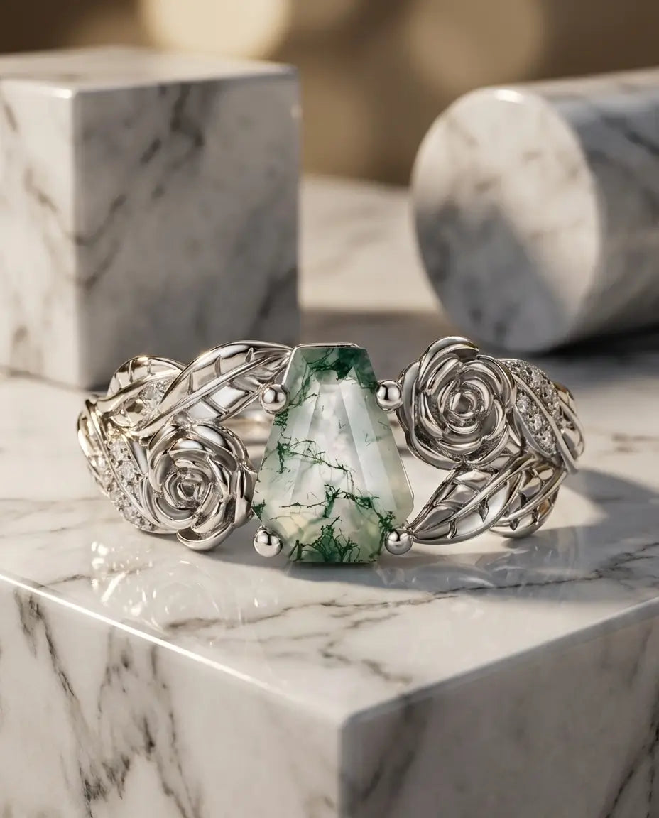 Bague Agate Mousse – Taille cercueil, motif vintage rose et feuilles, argent 925 plaqué or blanc, cadeau pour Elle