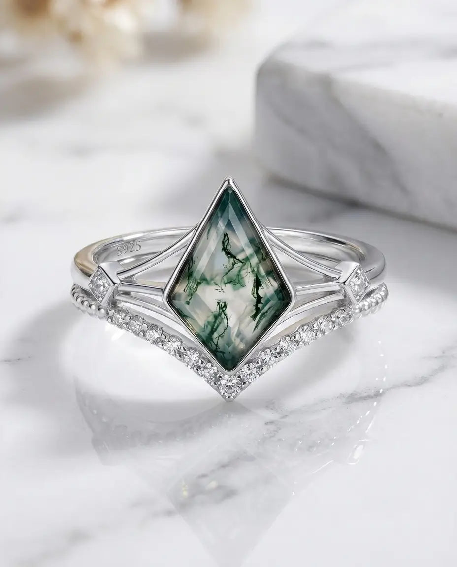 Bague Agate Mousse – Duo de bagues taille cerf-volant en argent 925, anneau courbe assorti, cadeau de mariage pour Elle