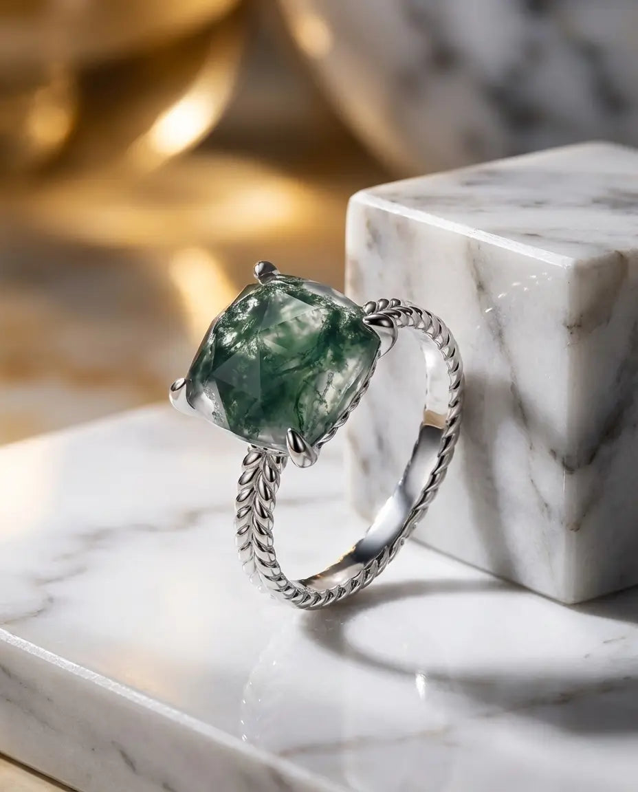 Bague Agate Mousse – Taille Coussin 10 mm, Argent 925 Plaqué Or Blanc, Anneau Torsadé, Cadeau pour Elle