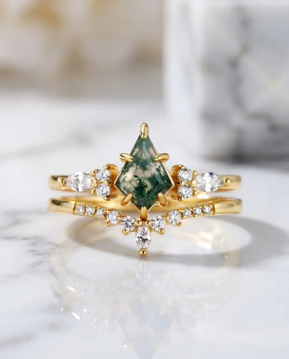 Bague Agate Mousse – Duo Taille Cerf-Volant en Argent 925, Pierre Naturelle Unique, Cadeau de Fiançailles pour Elle