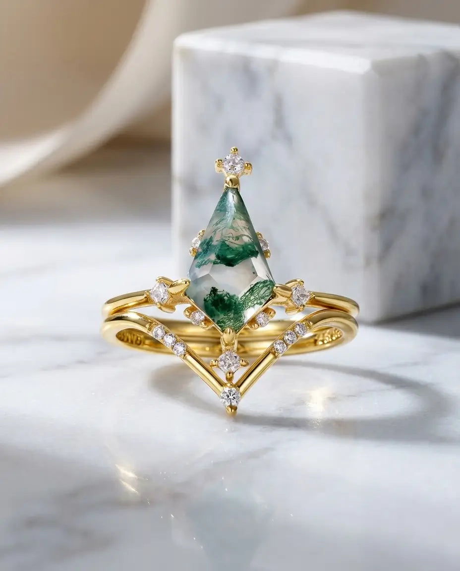 Bague Agate Mousse – Duo Art Déco Taille Cerf-Volant, Plaqué Or 10 carats avec Zircons, cadeau pour Elle
