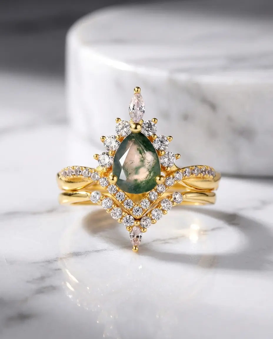 Bague Agate Mousse – Duo de Mariage Poire en Argent 925, Halo Soleil et Anneau Ajusté, Cadeau pour Elle
