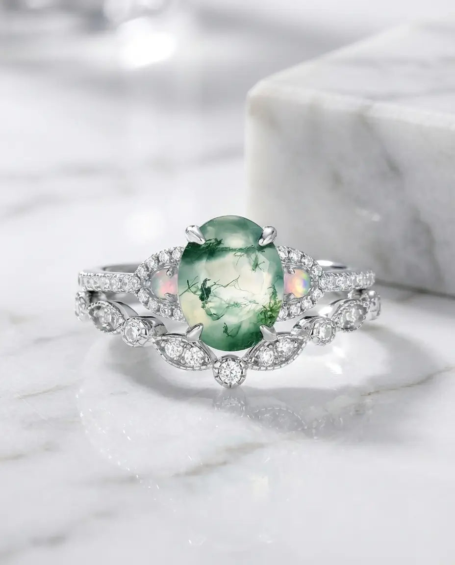 Bague Agate Mousse – Duo de Bagues Ovale en Argent 925 avec Opales et Pavé, Style Vintage, cadeau pour Elle