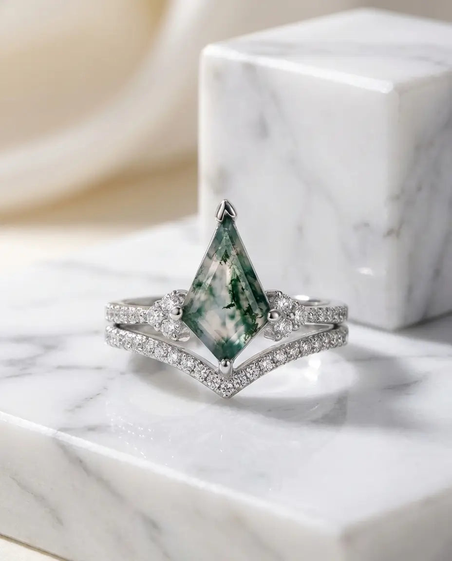 Bague Agate Mousse – Duo taille cerf-volant et anneau chevron, argent 925 ou plaqué or, bague de fiançailles pour Elle