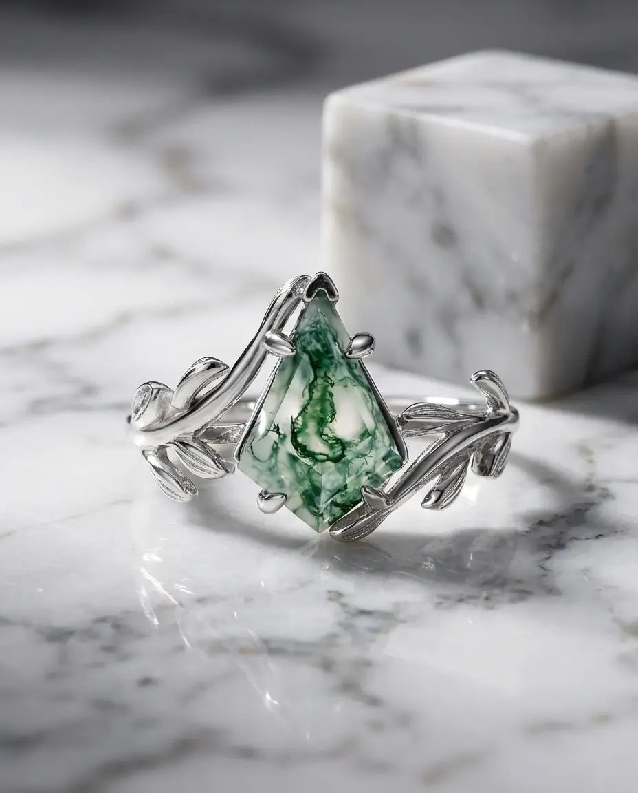 Bague Agate Mousse – Pierre Taille Cerf-Volant sur Monture Feuille, Argent Sterling 925, Cadeau pour Elle