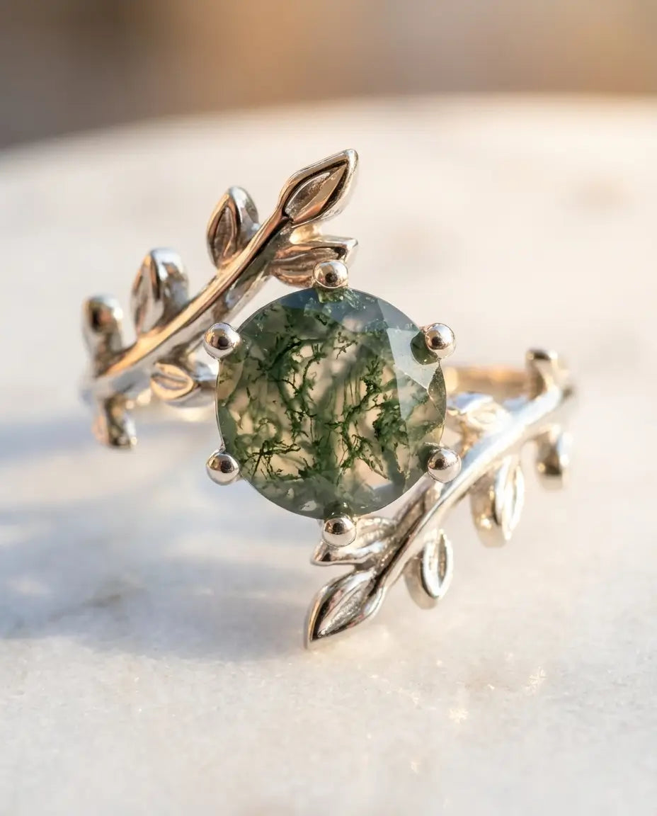 Bague Agate Mousse – Solitaire Feuilles et Branches en Argent 925, Pierre Ronde 8 mm, Cadeau Nature pour Elle