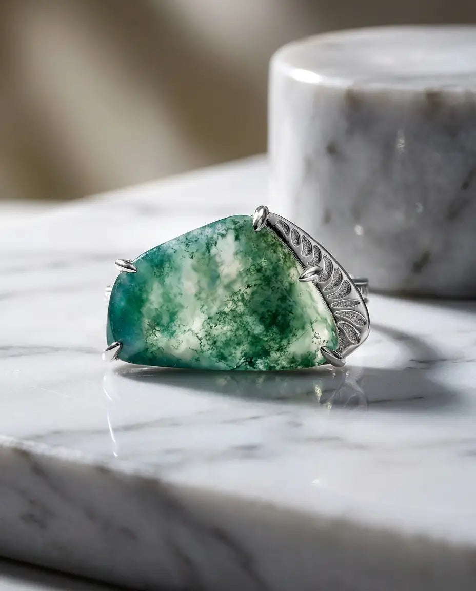 Bague Agate Mousse – Grande Pierre Forme Libre 11x15 mm, Anneau Ouvert Ajustable en Argent 925 Gravé Feuilles, Cadeau pour Elle