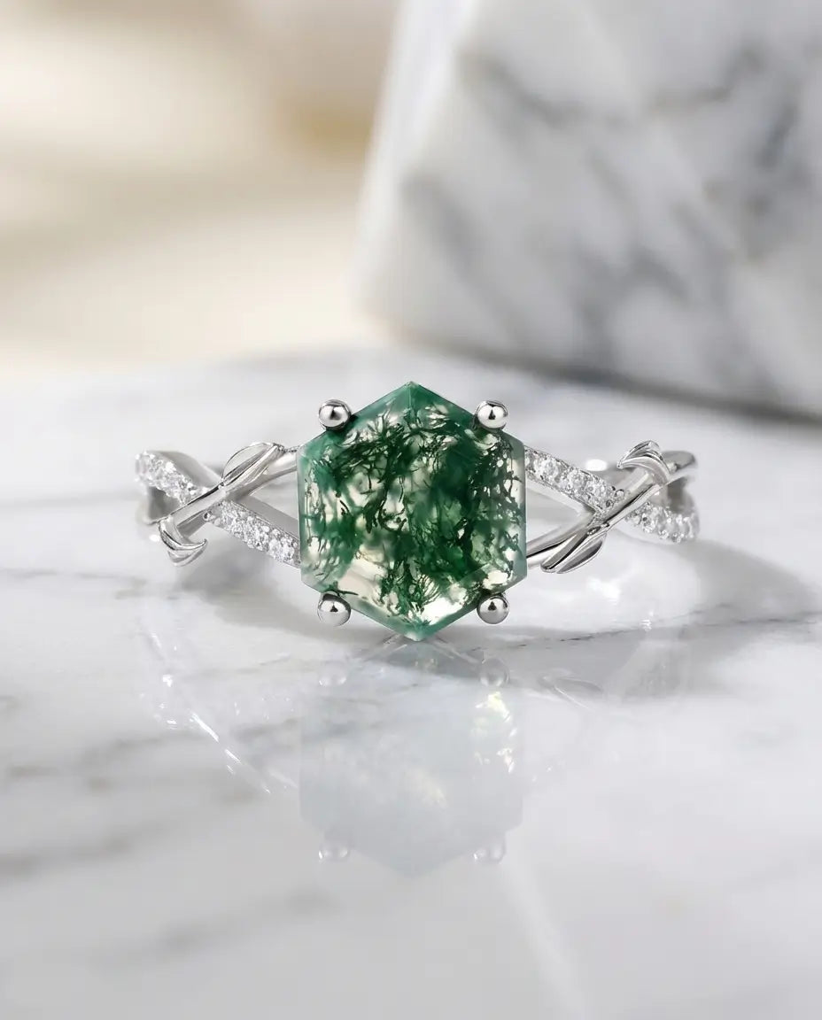 Bague Agate Mousse – Hexagone 8 mm, Anneau Vigne Vintage en Argent 925, Bague de Fiançailles Nature, Cadeau pour Elle