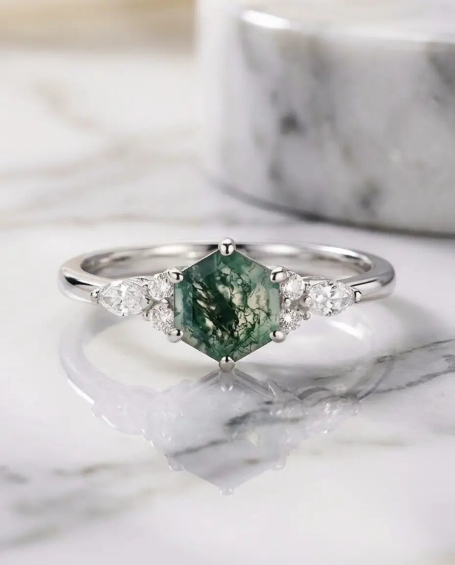 Bague Agate Mousse – Hexagone Style Art Déco Vintage, Argent Sterling 925 Finition Dorée, Cadeau pour Elle