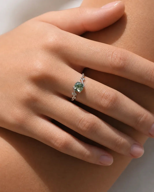 Bague Agate Mousse taille rose – Anneau lierre et feuilles sculptées en argent 925, ouvert ajustable, cadeau nature pour Elle