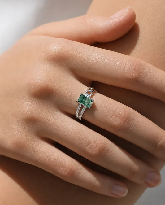 Bague Agate Mousse – Taille Émeraude Sertie à l'Horizontale, Maille Cubaine et Double Rang Pavé, Argent 925, Bague pour Femme