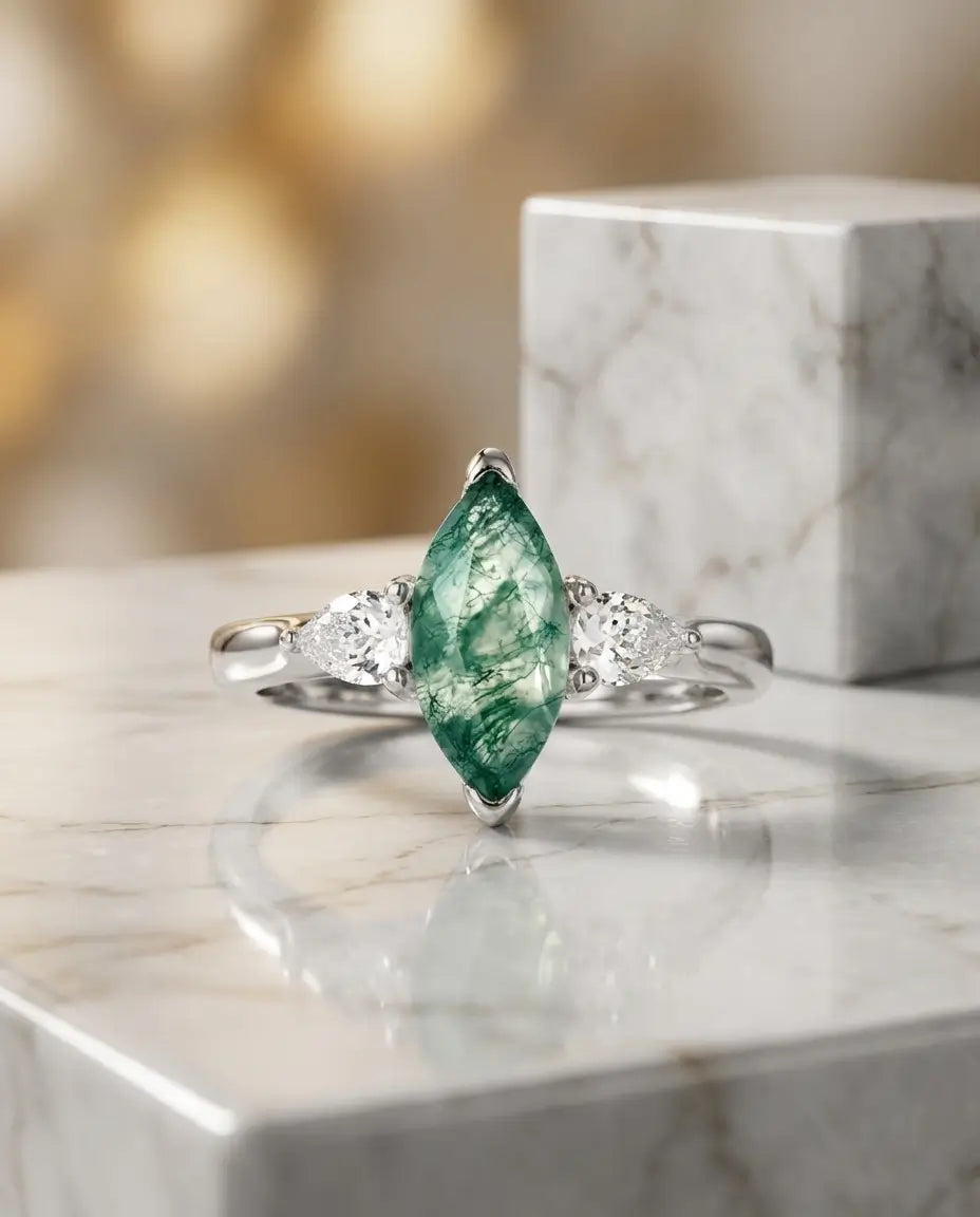 Bague Agate Mousse – Trilogie Marquise Vintage, Argent 925 Plaqué Or Blanc, Cadeau pour Elle