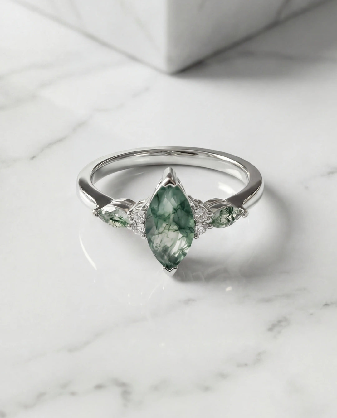 Bague Agate Mousse – Taille Marquise en Argent 925, Bague de Fiançailles Vintage Pierre Verte, Cadeau pour Elle