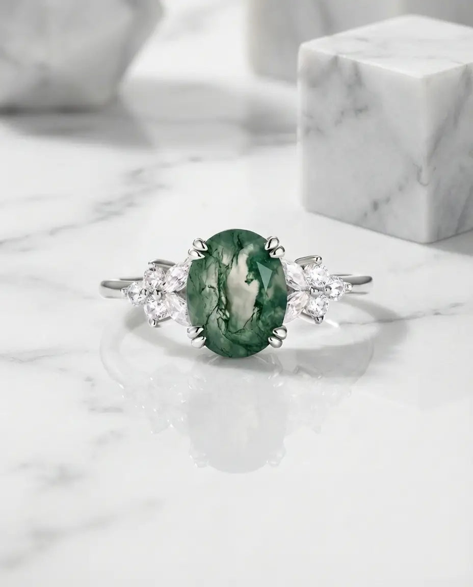 Bague Agate Mousse – Pierre Ovale 7x9 mm en Argent Sterling, Bijou Nature pour Elle, Cadeau pour Femme