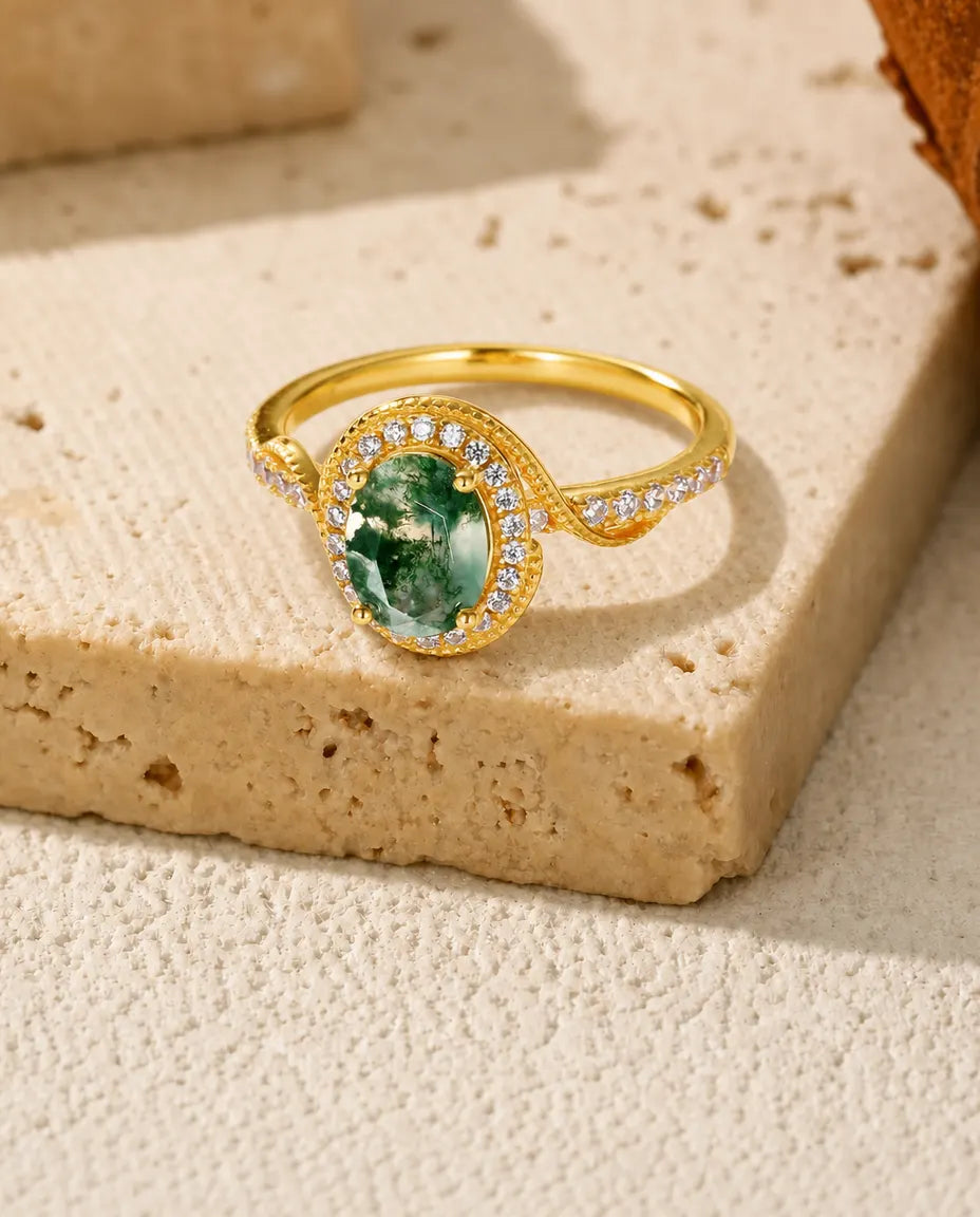 Bague Agate Mousse – Ovale Taille Rose avec Halo Millegrain, Argent 925 Plaqué Or 10K, Bague Vintage Femme