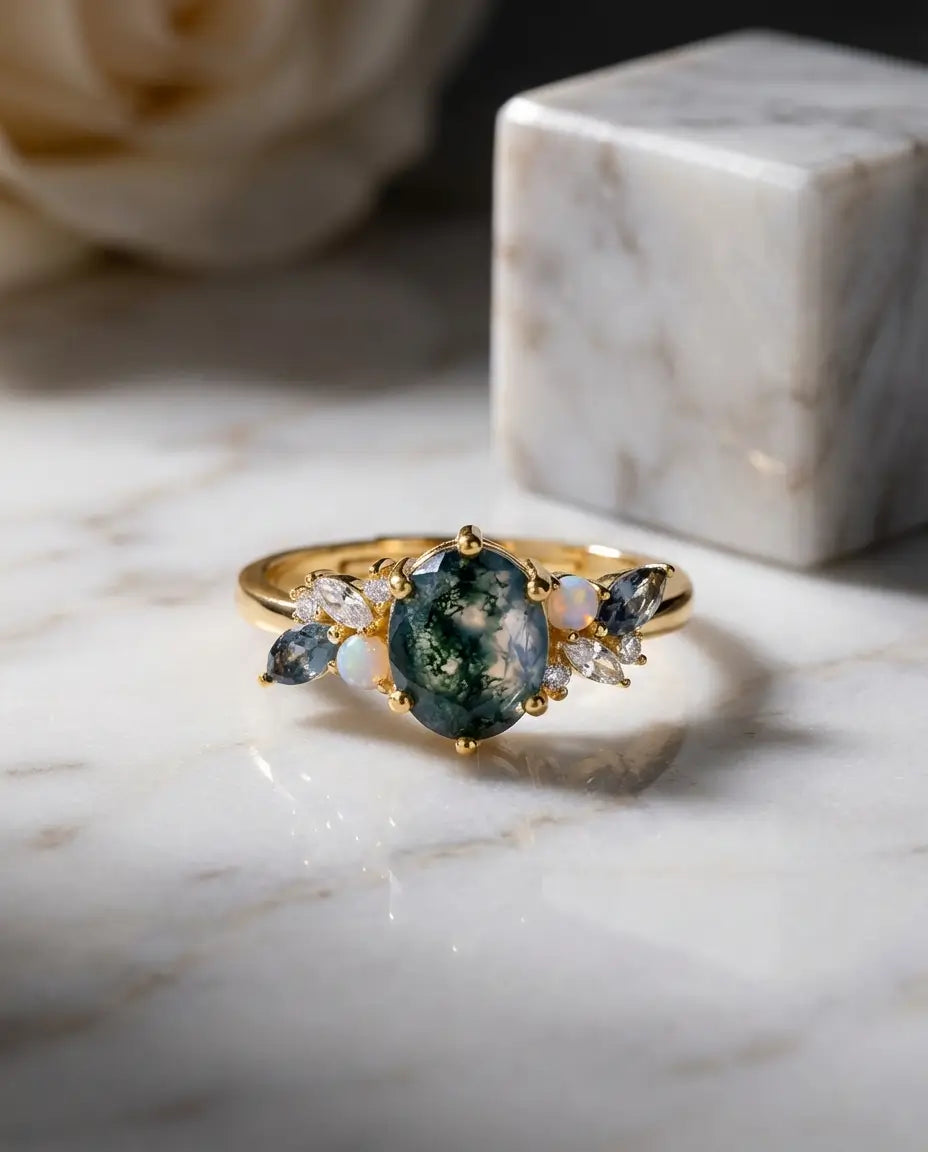 Bague Agate Mousse – Ovale avec Opales et Zircons Bleus, Plaqué Or 10k Vintage, Anneau Ajustable, Cadeau pour Elle