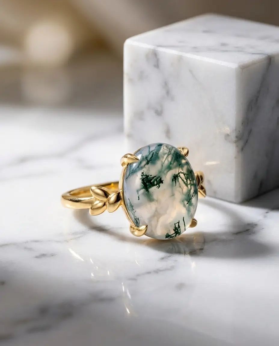 Bague Agate Mousse – Solitaire Ovale 10x12 mm, Argent 925 Plaqué Or, Griffes en Forme de Feuilles, Cadeau pour Elle