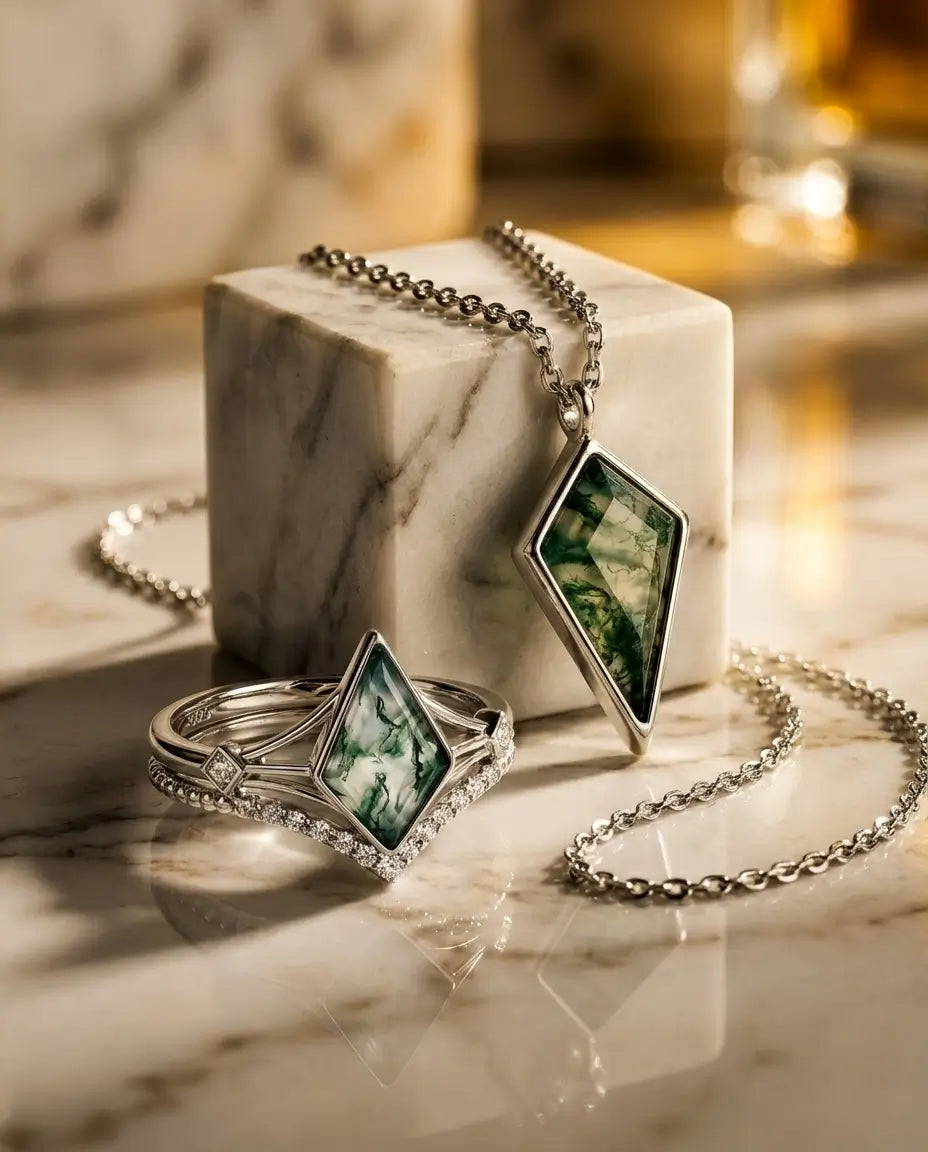 Bague Agate Mousse – Parure Vintage Taille Cerf-Volant avec Collier Assorti en Argent 925, cadeau pour Elle
