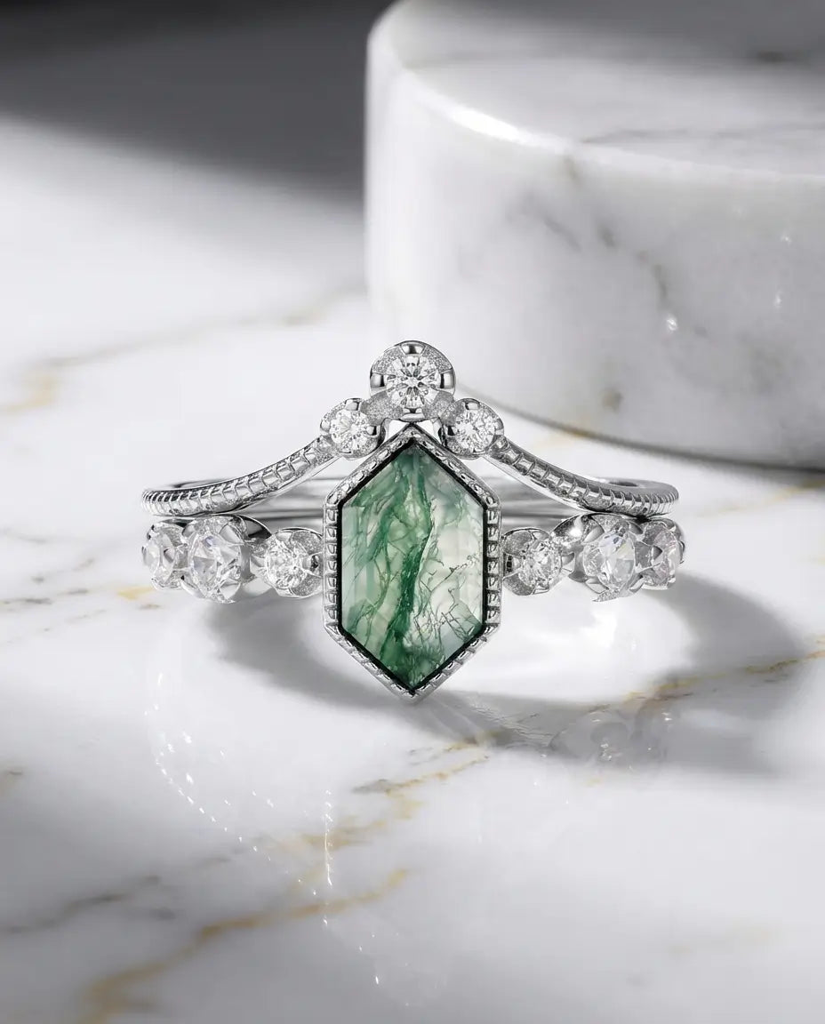 Bague Agate Mousse – Parure de Mariage Hexagone Allongé, Argent Sterling 925, Détails Milgrain Art Déco, Cadeau pour Elle
