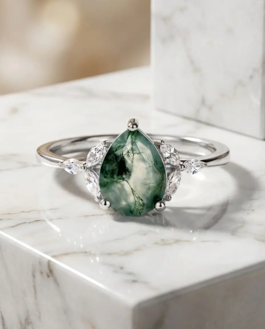 Bague Agate Mousse – Taille Poire avec Accents Marquise, Argent Sterling 925, Bague de Fiançailles Nature, Cadeau pour Elle