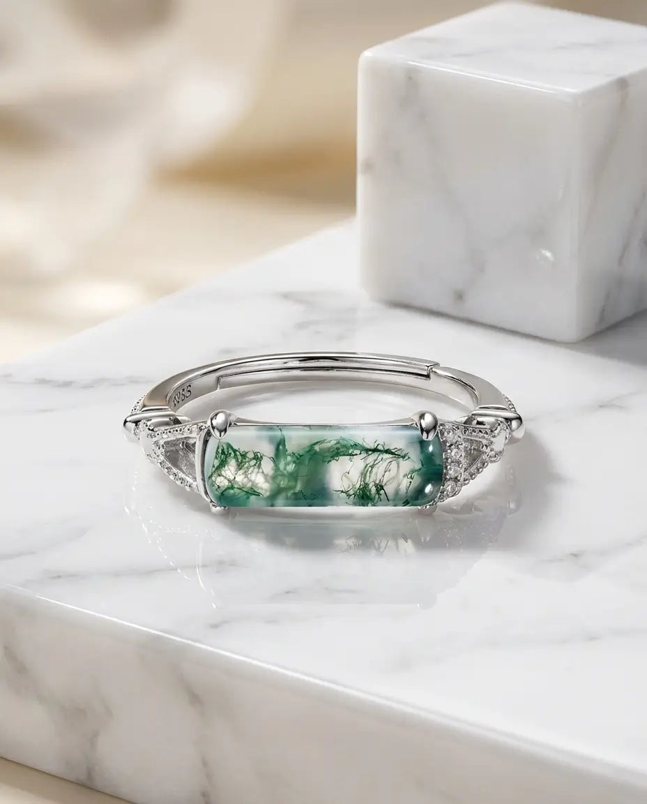 Bague Agate Mousse – Pierre Rectangulaire Sertie à l'Horizontale, Anneau Ouvert Ajustable Filigrane Vintage, Cadeau pour Elle