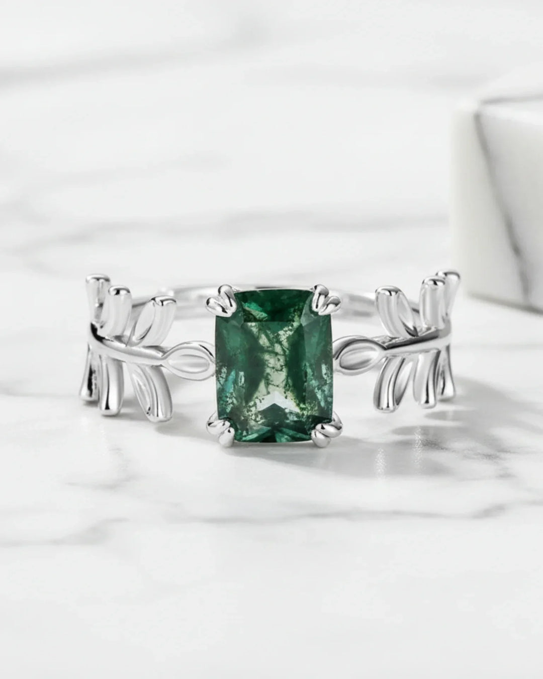 Bague Agate Mousse – Taille Émeraude, Anneau Ouvert Feuilles en Argent 925, Bague de Fiançailles Nature, Cadeau pour Elle