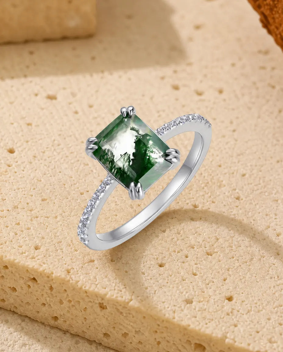 Bague Agate Mousse – Taille Émeraude avec Épaules Pavées, Argent Sterling 925, Bague de Fiançailles Nature, Cadeau pour Elle