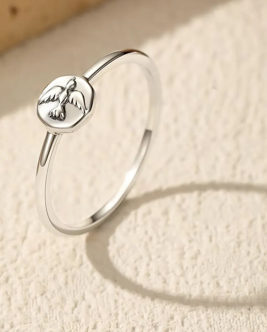 Bague chevalière colombe en argent 925 – fine bague oiseau à plateau octogonal, anneau minimaliste à empiler pour femme, tailles 5-9