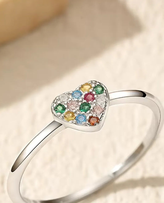 Bague cœur arc-en-ciel en argent 925 – cœur pavé de zircons multicolores, anneau fin à empiler pour femme, tailles 5-9