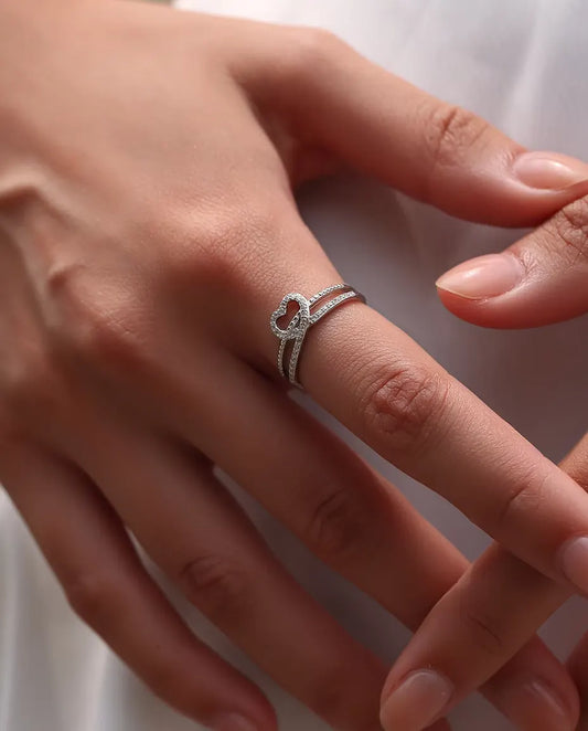 Bague Cœur Ouvert en Zircon - cœur de 8 mm sur deux anneaux croisés, argent 925, ajustable des tailles 6 à 9