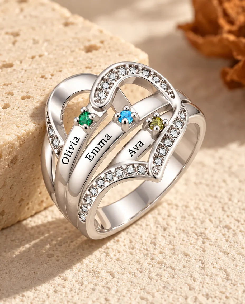 Bague pierre de naissance personnalisée 3-4 prénoms et gravure intérieure - bague de famille cœur avec prénoms gravés et pierres simulées, rhodiée