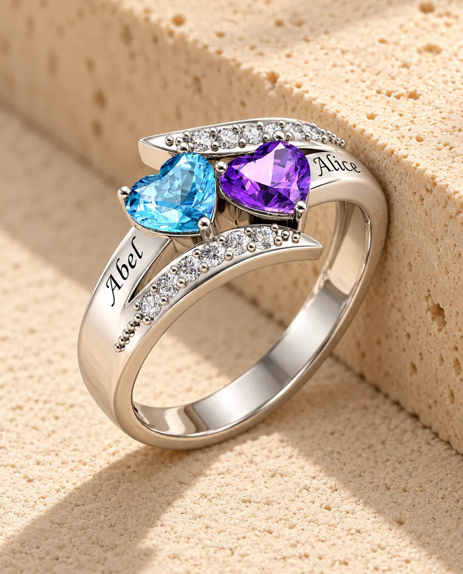 Bague pierre de naissance personnalisée 2 prénoms - bague de couple croisée en argent 925 - en argent sterling