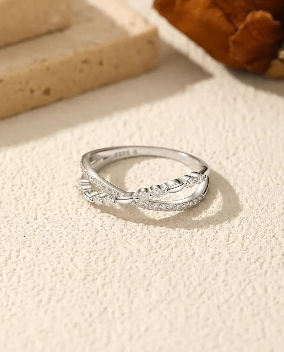 Bague croisée moissanite - anneau pavé et corde torsadée entrelacés, 28 pierres en argent 925, tailles US 5 à 9