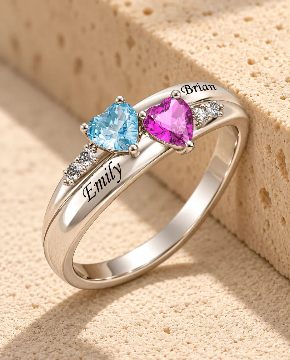 Bague double cœur pierre de naissance 2 prénoms - bague de promesse double anneau en argent 925 gravée - en argent sterling