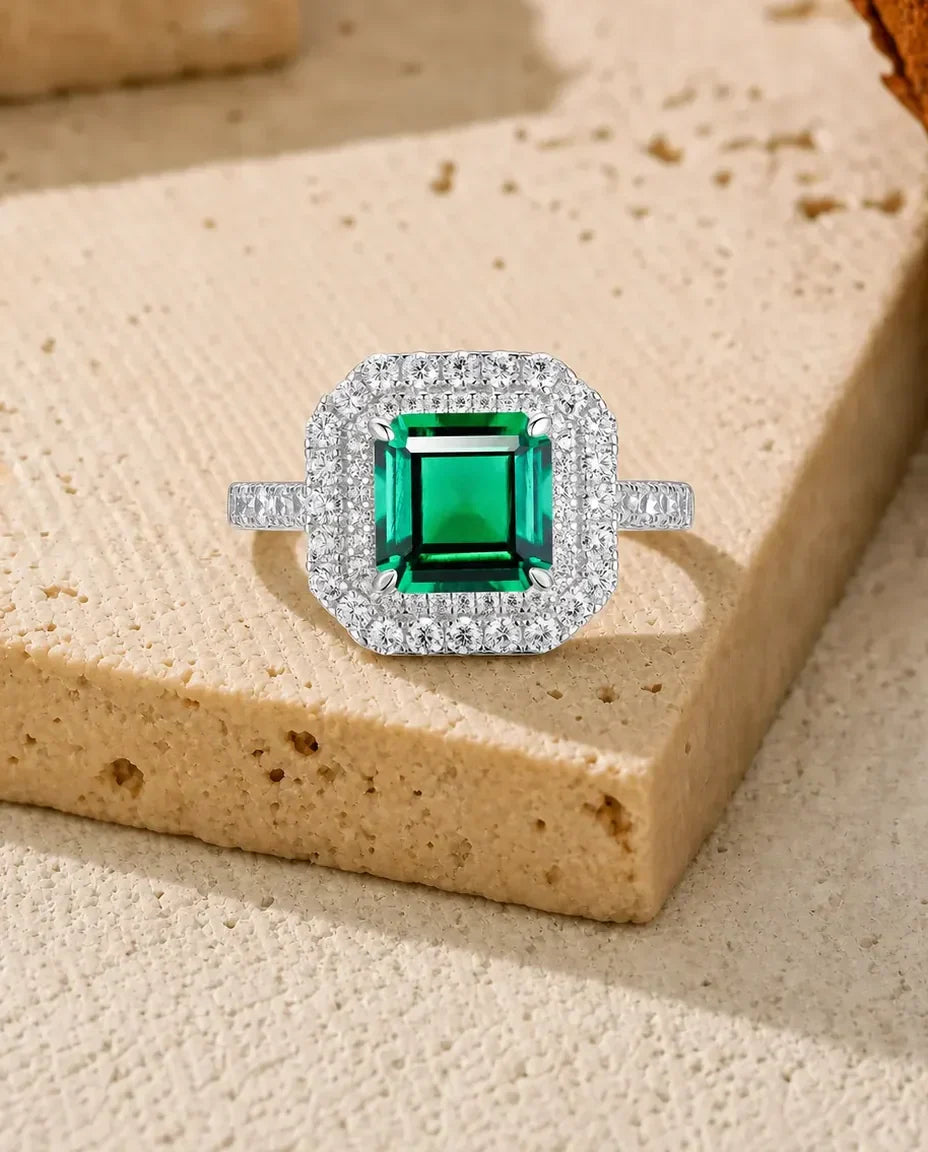 Bague Émeraude – Carrée Créée en Laboratoire avec Double Halo, Argent Sterling 925, Bague Statement pour Elle