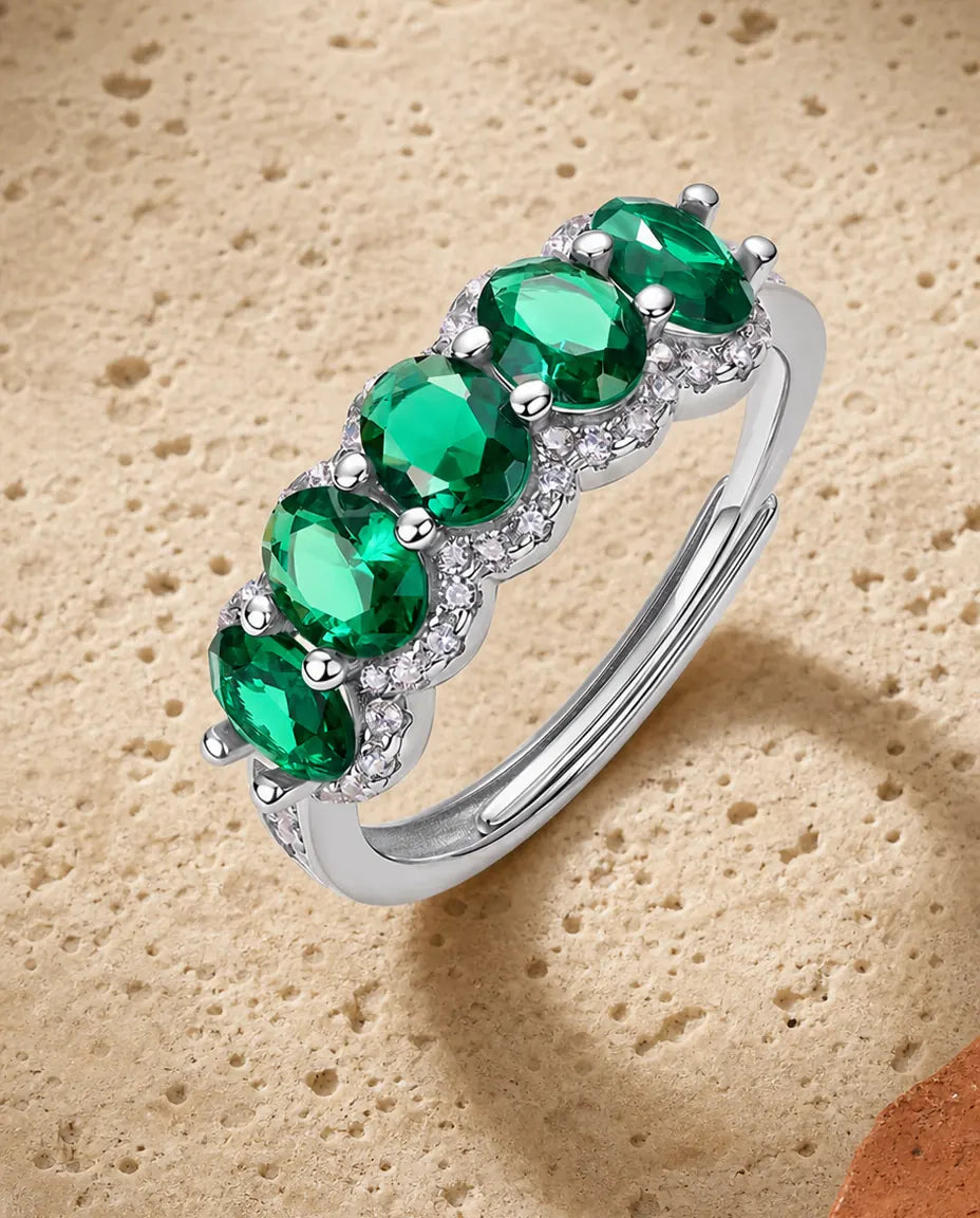 Bague Émeraude – Cinq Pierres Ovales Créées en Laboratoire avec Halos Gradués, Argent 925, Anneau Ouvert Ajustable, Cadeau pour Elle