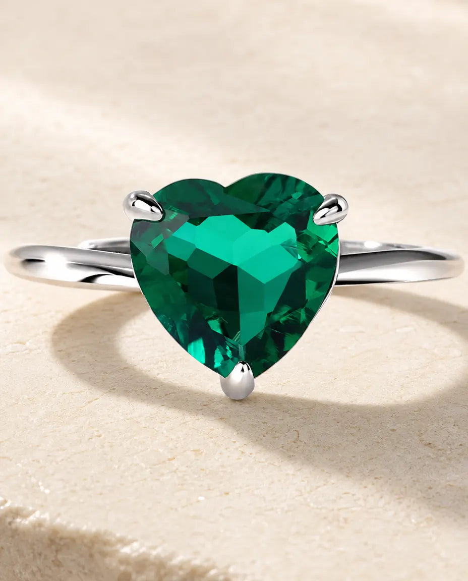 Bague Émeraude – Solitaire Cœur Créée en Laboratoire, Anneau Ouvert Ajustable en Argent 925, cadeau pour Elle