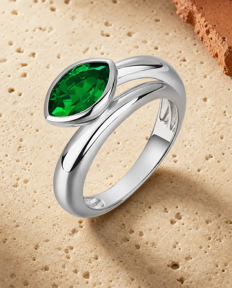 Bague Émeraude – Émeraude Marquise Créée en Laboratoire, Serti Clos Est-Ouest, Anneau Large en Argent 925, cadeau pour femme