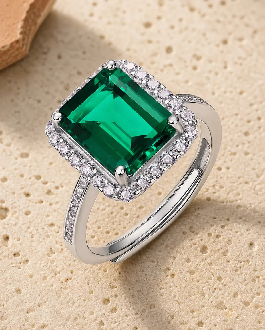Bague Émeraude – Octogone 8x10 mm Créée en Laboratoire avec Halo Pavé, Anneau Ouvert Ajustable, Argent 925