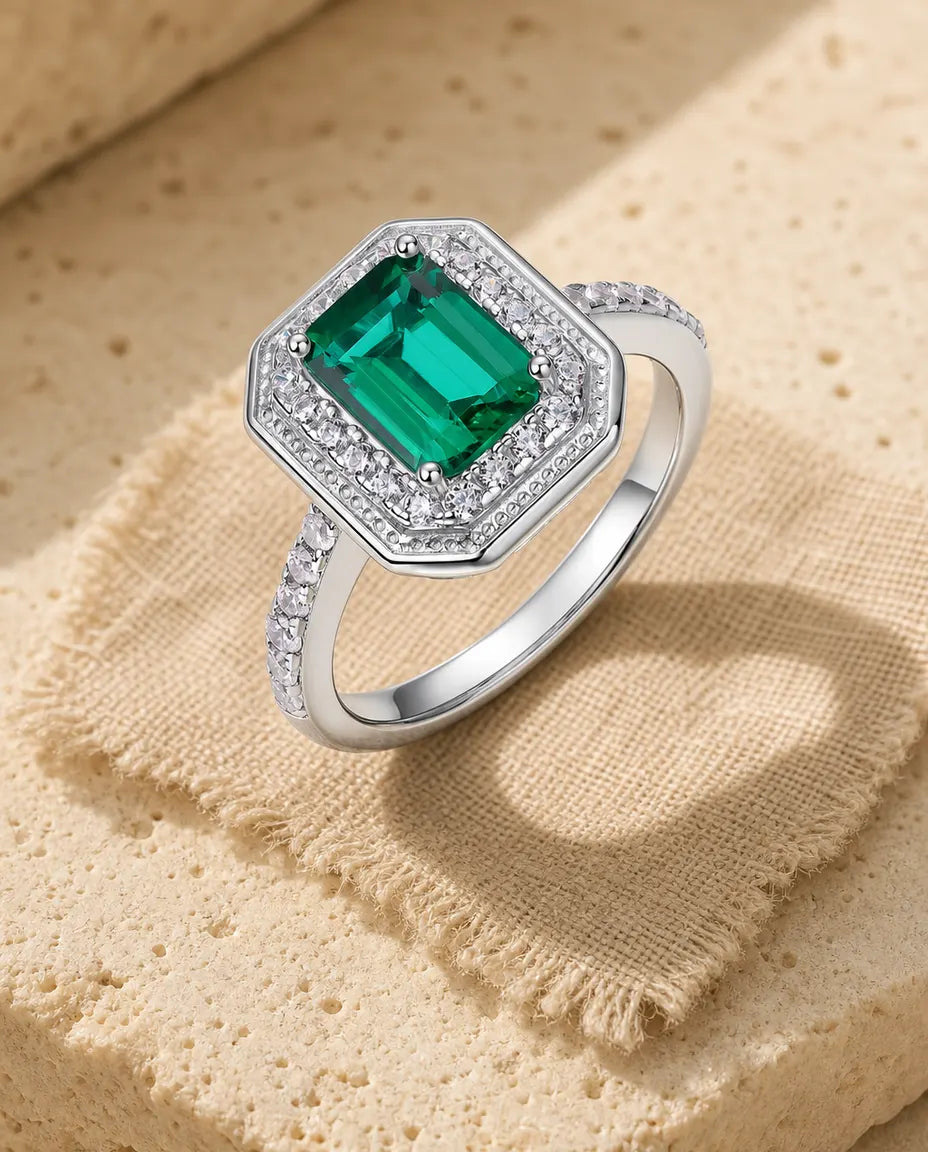 Bague Émeraude – Octogone Créée en Laboratoire avec Halo Pavé en Argent 925, Pierre de Naissance de Mai, cadeau pour Elle