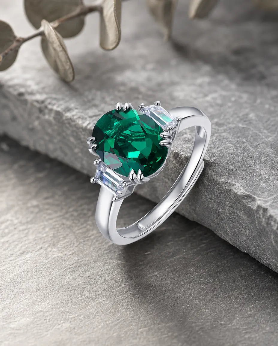 Bague Émeraude – Grand Solitaire Ovale Créé en Laboratoire, Argent 925, Pierre de Naissance de Mai, Cadeau pour Femme