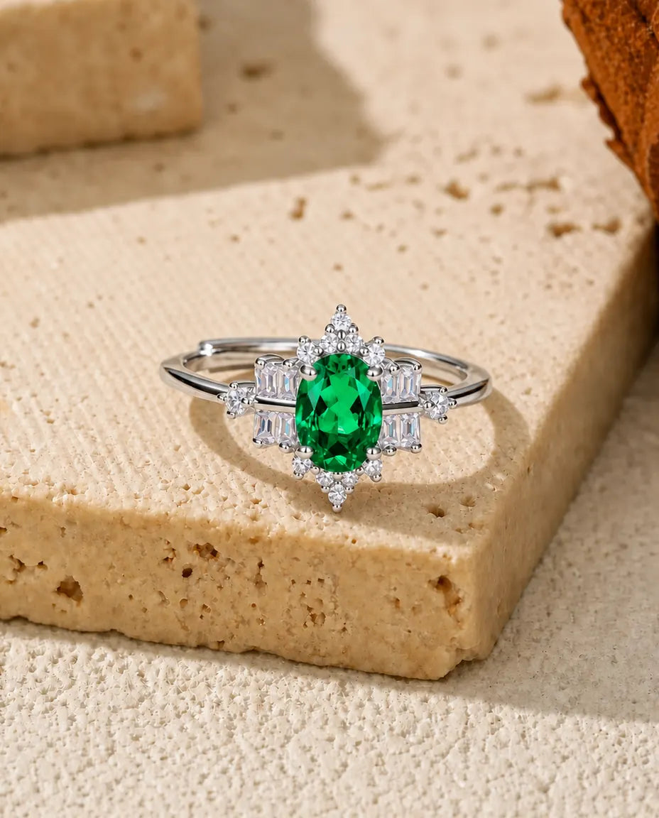 Bague Émeraude – Émeraude Ovale Créée en Laboratoire, Halo Flocon, Anneau Ouvert Ajustable, Argent 925, Cadeau pour Elle