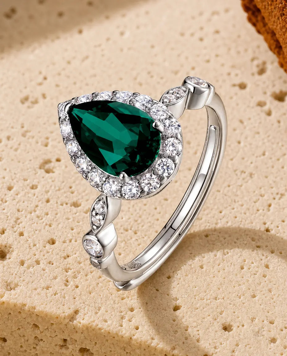 Bague Émeraude – Poire Créée en Laboratoire avec Halo, Anneau Ouvert Ajustable, Argent 925, Pierre de Naissance de Mai