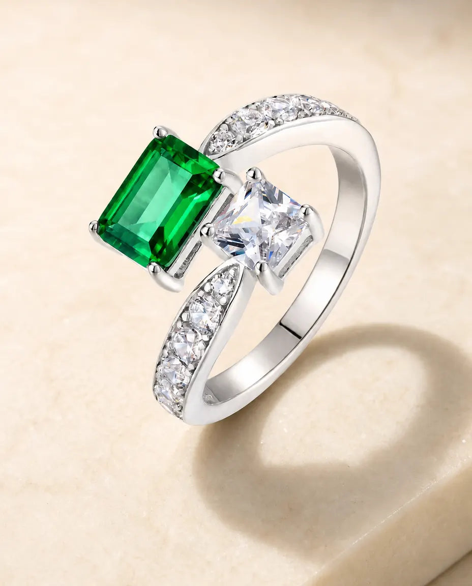 Bague Émeraude – Toi et Moi avec Pierre Verte Carrée Créée en Laboratoire, Anneau Ouvert Ajustable, Argent 925