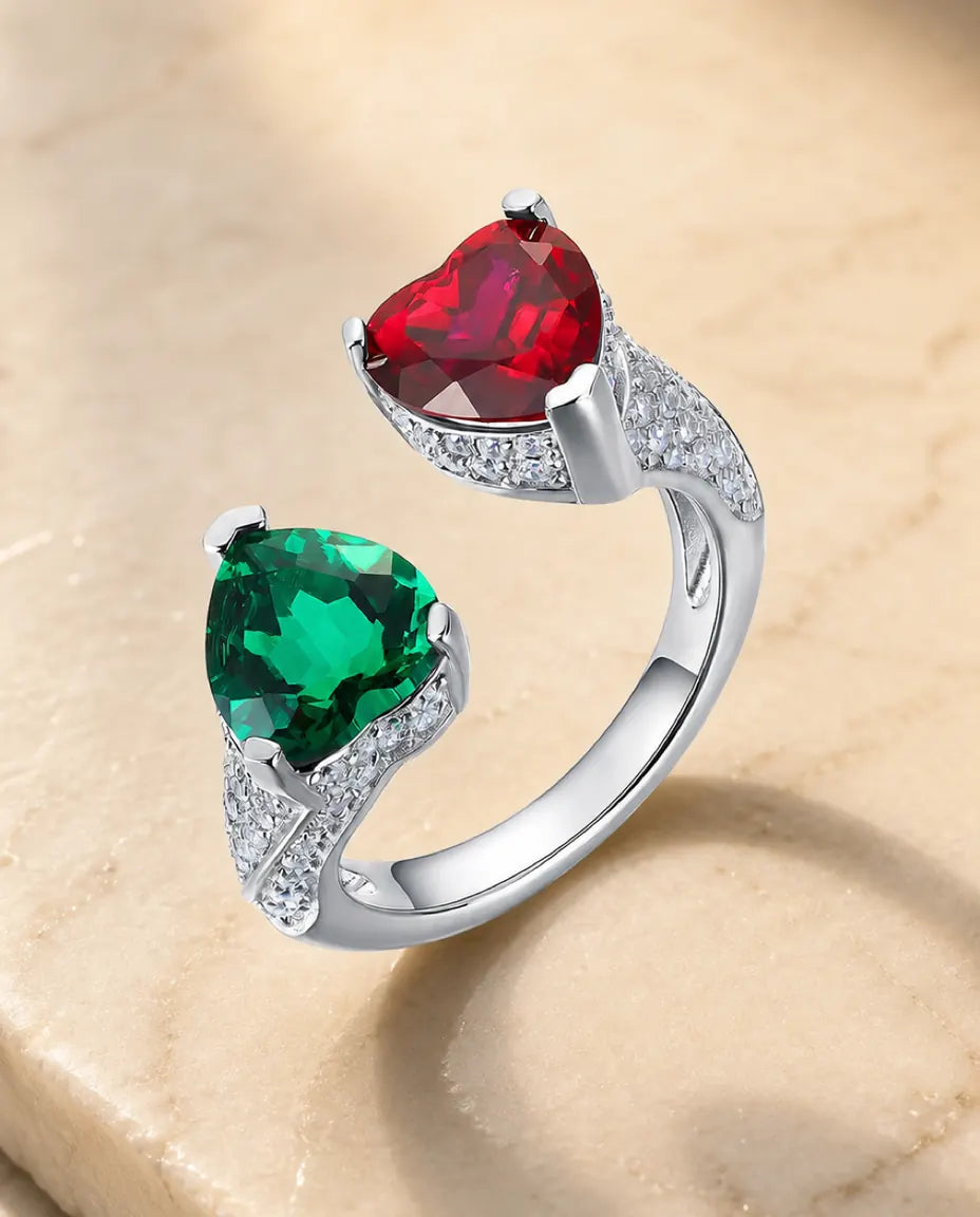 Bague Émeraude et Rubis – Toi et Moi Double Cœur, Pierres Créées en Laboratoire, Argent 925, cadeau pour couple