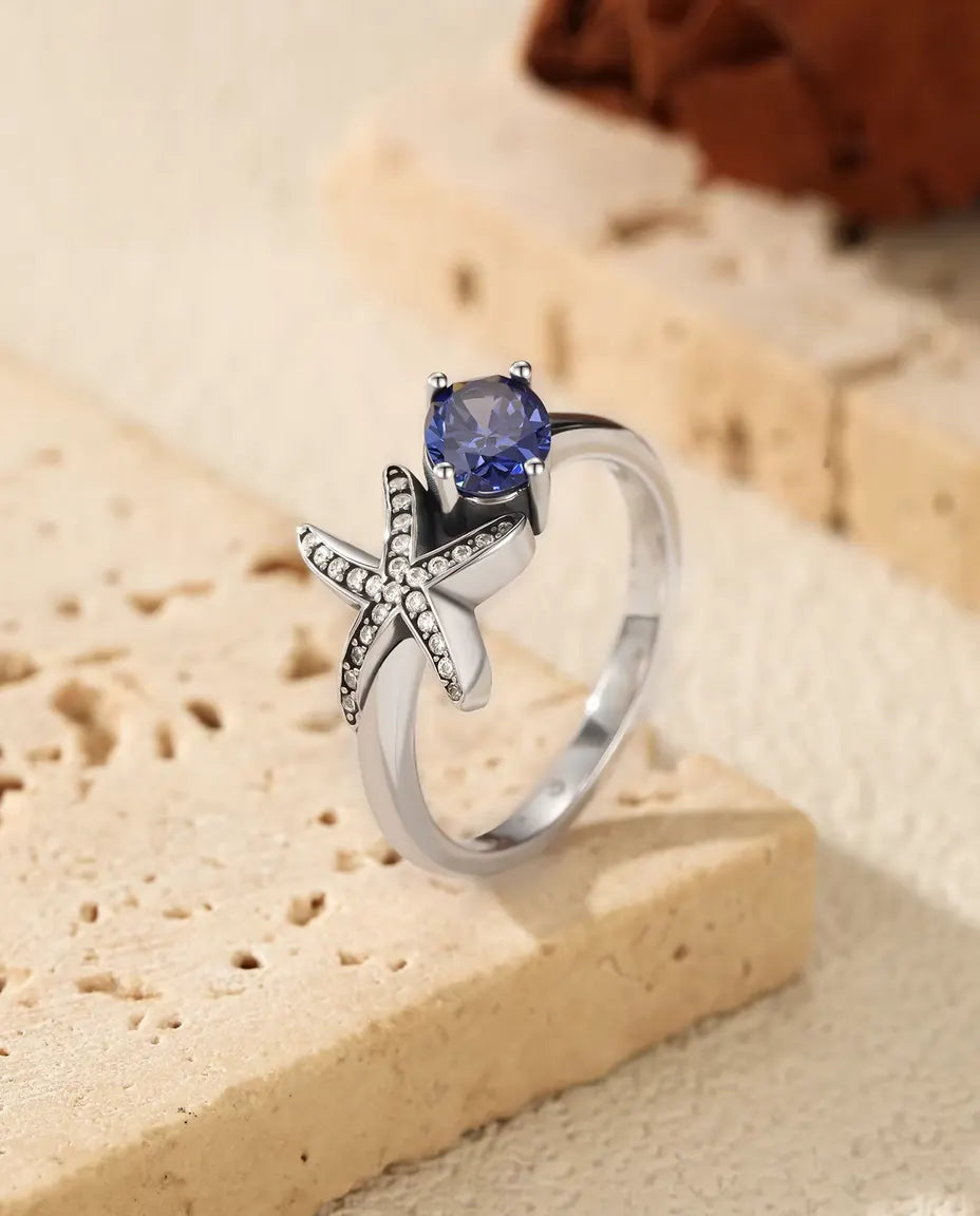 Bague Étoile de Mer - zircon violet ovale 5 x 7 mm et étoile pavée, tailles 5 à 9, argent 925